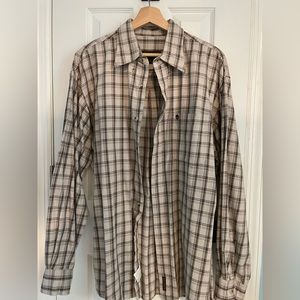 Timberland Flannel: Lightweight, brown/cream plaid, button-down, comfort.